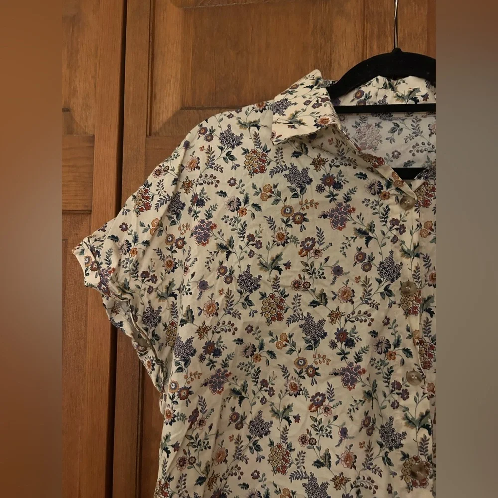 Women's Cream Floral Cotton Bohemian Slouchy Oversized Approx Sz L/XL Blouse